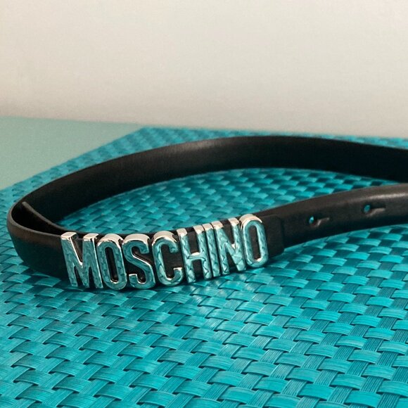 Moschino Black Leather Belt w/ Silver-Tone Logo Buckle Women Sz 46 Made in Italy main image 5